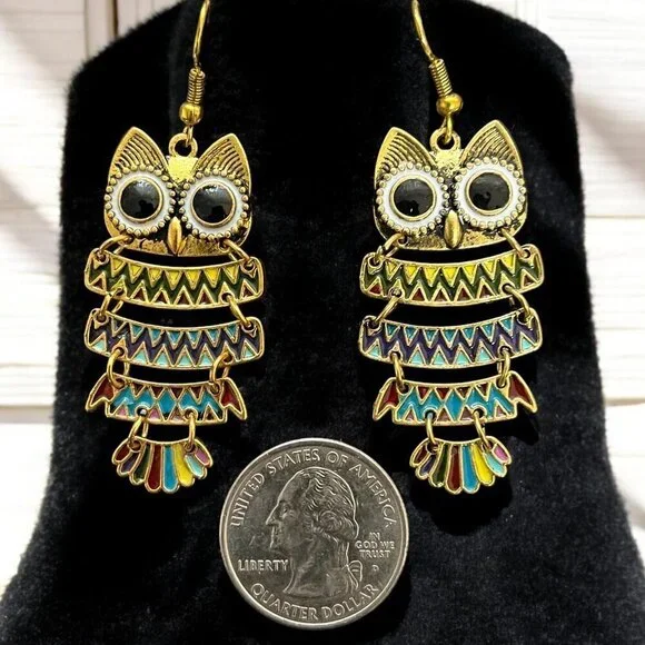 Bohemian Owl Drop Earrings | Colorful Enamel - Picture 5 of 5